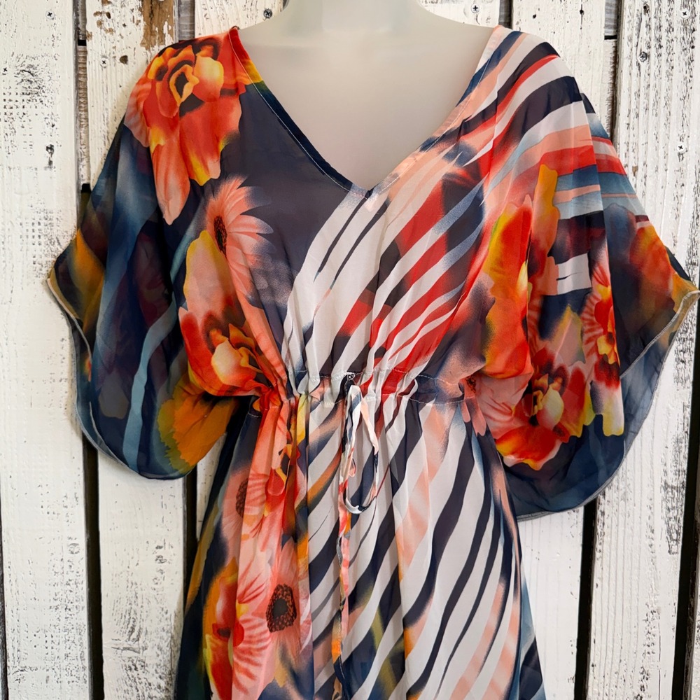 Floral Sheer Kaftan Cover-up OS Swim V-Neck Drawstring Maxi Dress Boho Tropical
